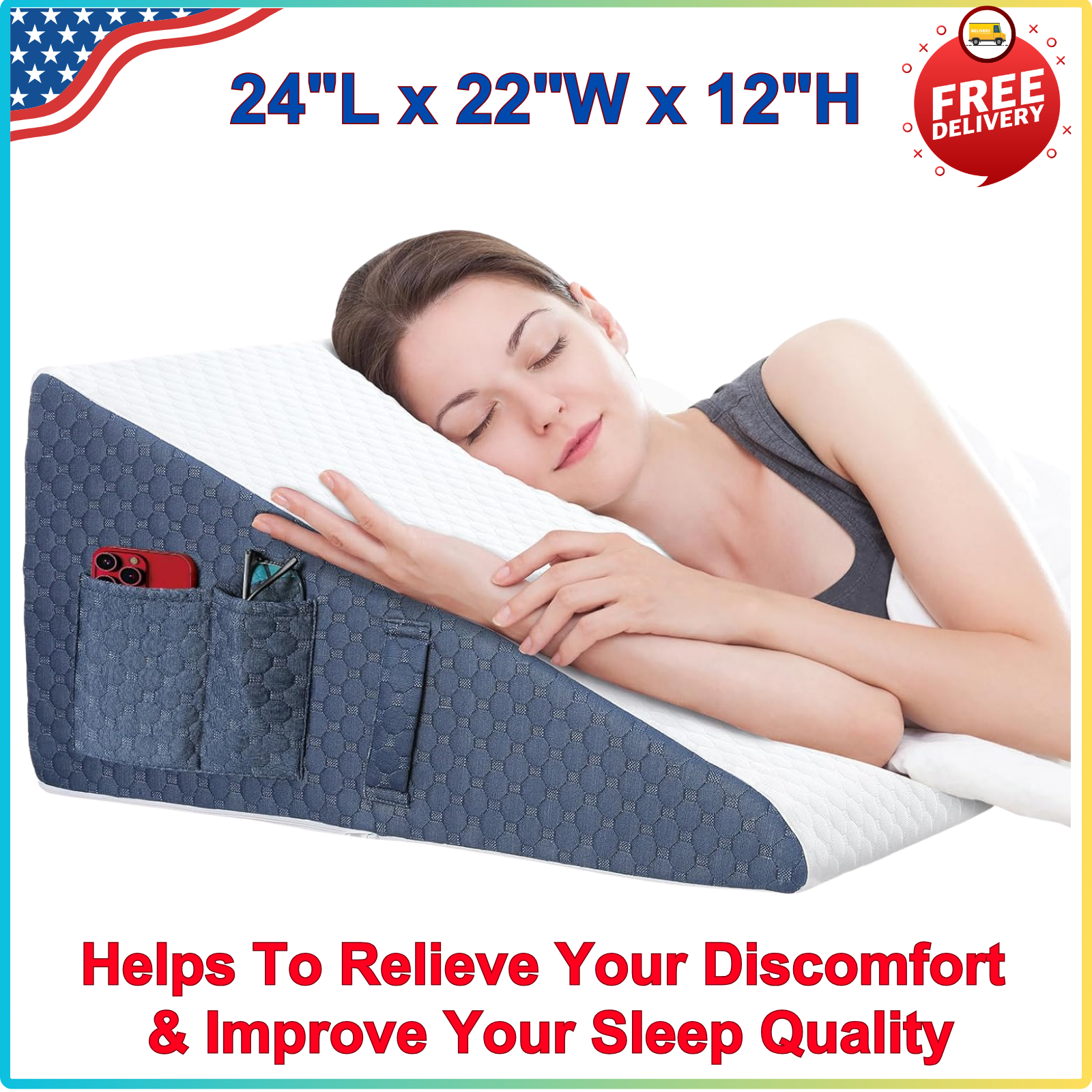 12 inch Wedge Pillow For Sleep, Updated Bed Wedge, Acid Reflux, Heartburn, GERD