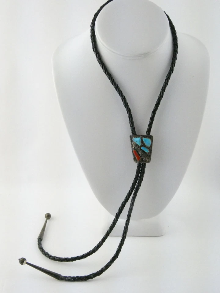 Corbata Fabian Cheama NA Zuni plata esterlina turquesa coral bolo 18 pulgadas de largo Foto 2 de 4