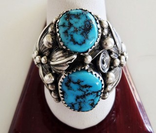 Large Men's Signed "EH" Two Stone BLUE Turquoise & Sterling NAVAJO Ring SZ 12