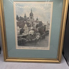 Vintage Original Austrian Etching Normandie On Silk By Hans Leisch Framed  Signe