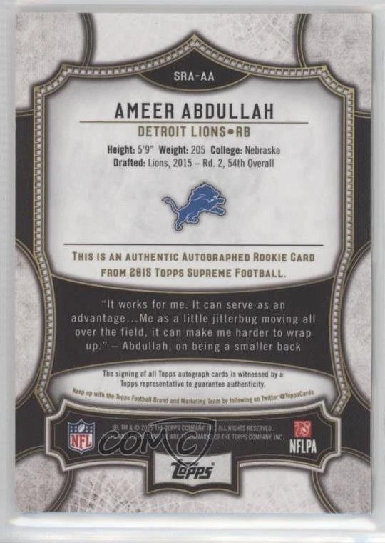 2015 Topps Supreme Supreme Auto Rookies /75 Ameer Abdullah #SRA-AA Auto RC - Image 2 of 2