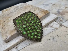Vintage Green Rhinestone Shield FUR Scarf CLIP Brooch Art Deco Style large