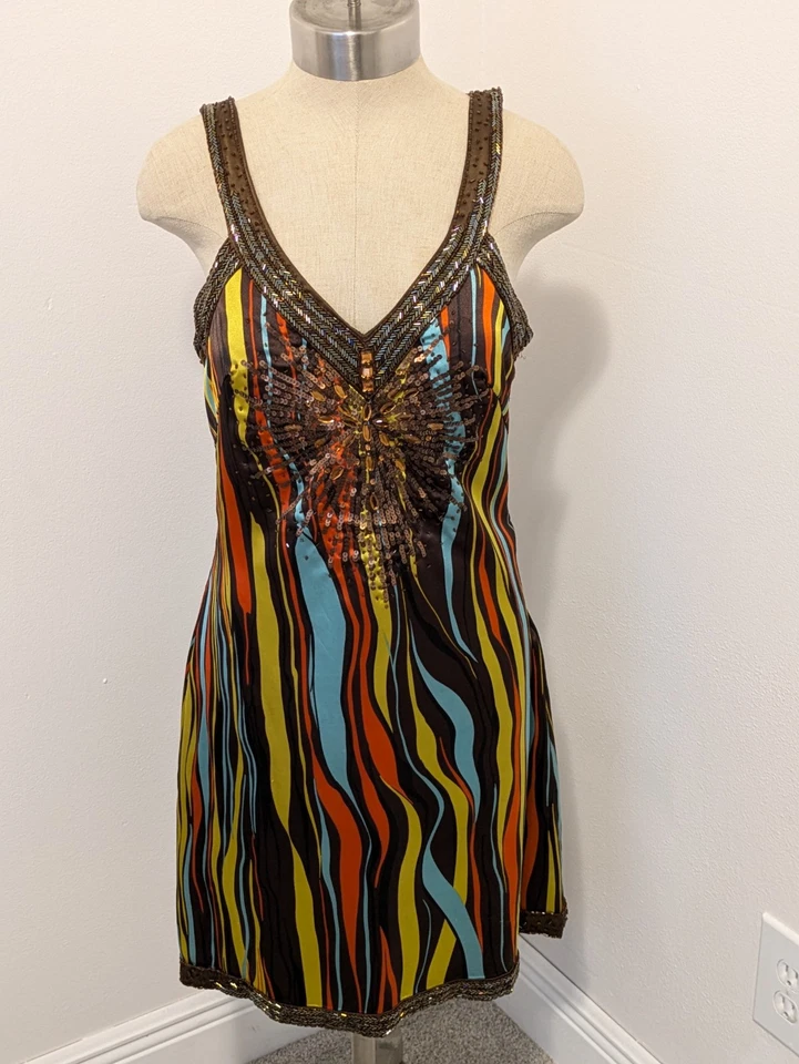 VTG SUE WONG 90s Y2K Silk Sequined Beaded Mini Dress Sz 8 Retro Custom HOCO Prom - Image 2 of 4