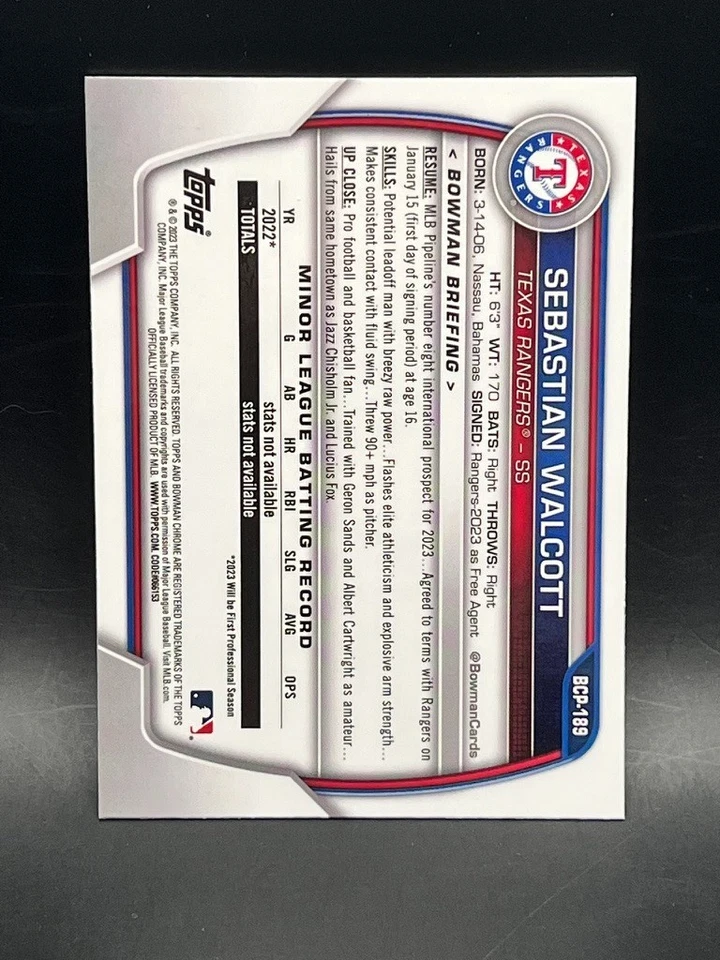 2023 Bowman Chrome Sapphire Edition Prospects Sebastian Walcott #BCP-189 Rangers - Image 3 of 3
