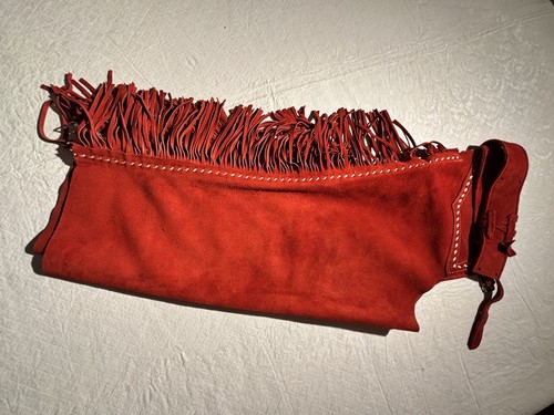 Frangia vintage scamosciata pelle rossa western cowboy chaps impreziosita cerniera LG - Foto 16 di 16