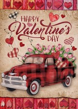 Home Decorative Happy Valentine's Day Garden Flag, Vintage Red Plaid Truck Yard