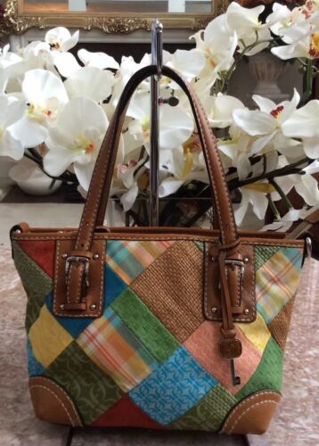 FOSSIL Key Multi-Color Patchwork Leather Canvas Small Tote Shoulder Handbag EUC - Picture 1 of 7