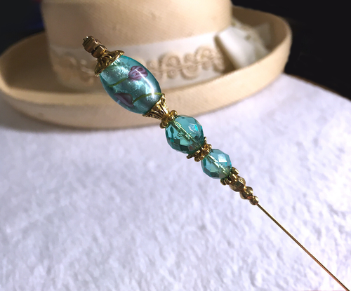HATPIN with Stunning AQUA GLASS and 2 Crystals on Old Brass Finish - 8 inch - Picture 7 of 12