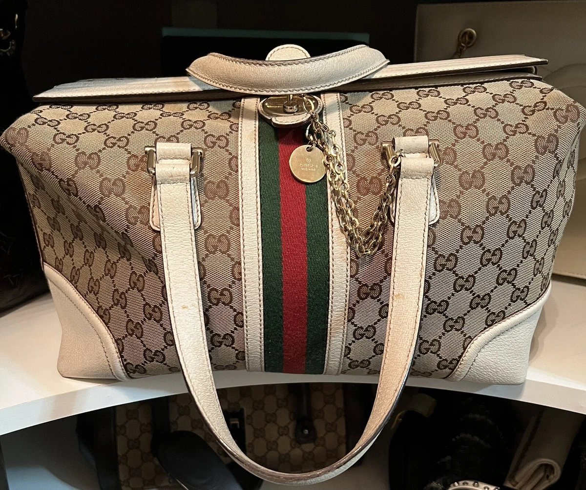 Gucci Vintage Large Canvas & White Leather with Red/Green Stripe &  Lock/Key Bag