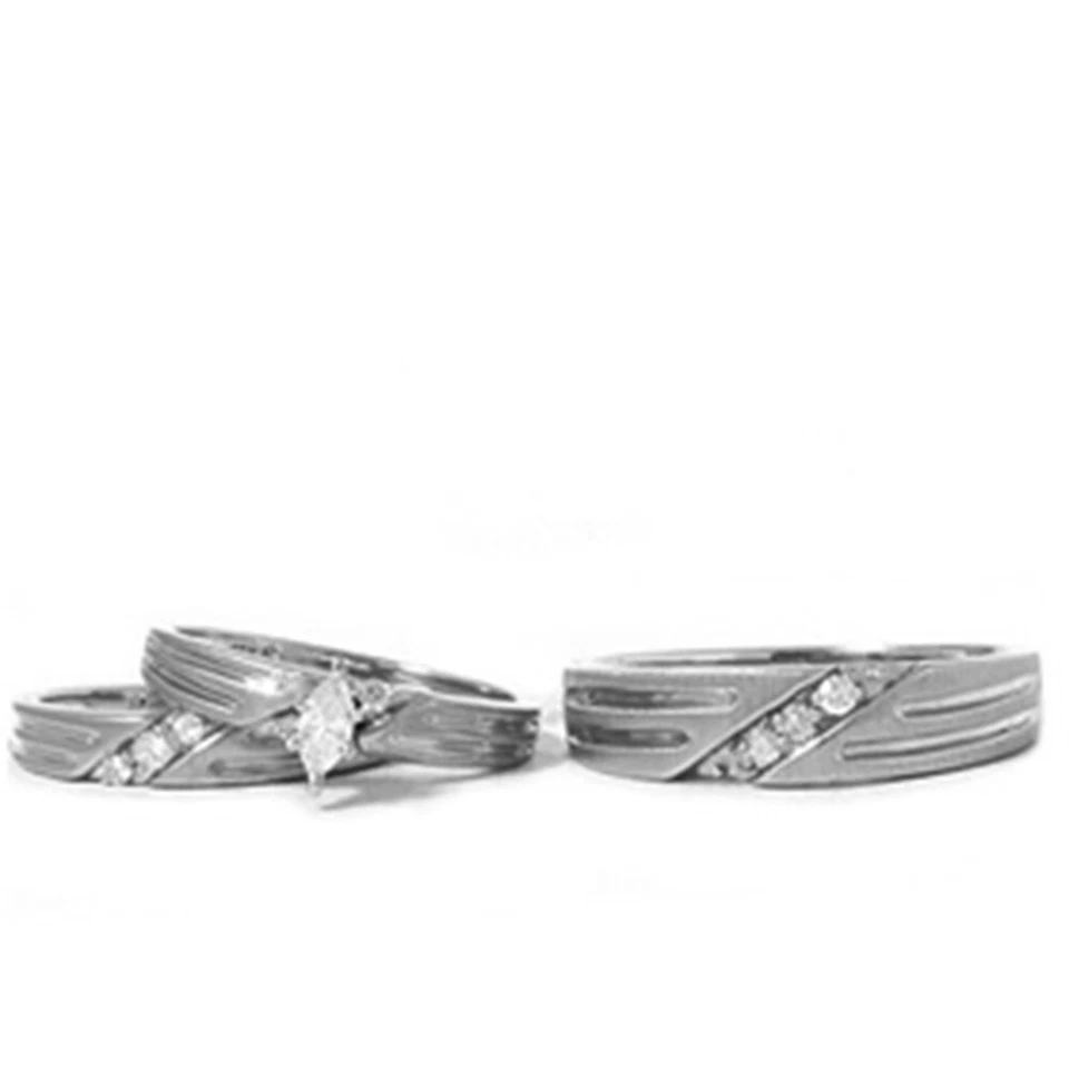 Conjunto de trío de anillo de boda de compromiso de oro de 14 quilates a juego de diamantes para hombre y mujer Foto 3 de 4