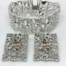 Vintage Emmons bracelet & clip on earrings set, silver tone filigree design