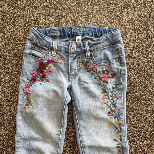 CHEROKEE Jeans Floral Embroidery Youth Girls Size 7 Blue Denim Super Skinny - Picture 2 of 5