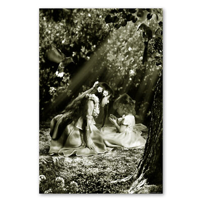 Postereck 0091 Poster Leinwand Kinder, Mädchen Wald Sepia Traum Wald Vogel Fee