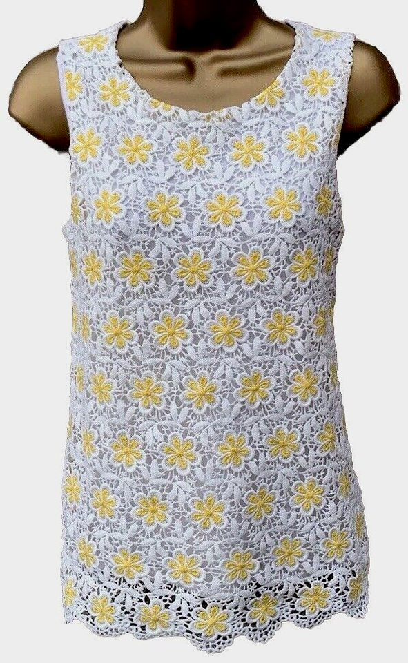Ladies Warehouse White/Yellow Floral Embroidered Lined Summer Blouse