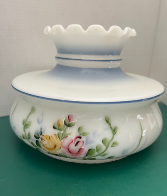 Hurricane Lamp Milk Glass Roses Floral Blue Accents  Lamp Shade 6 1/2'' Fitter