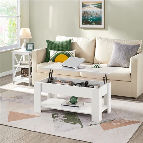 Wooden Coffee Table with Storage Lift Up Top and Shelf for Living Room White