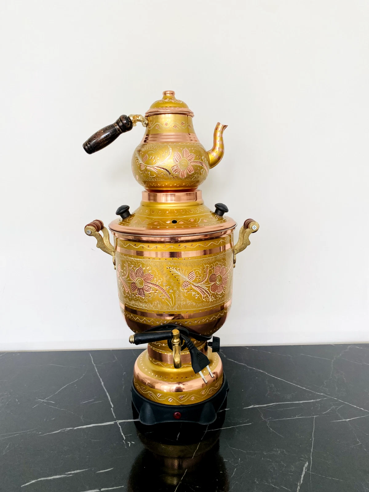 5 lt-Yellow Electric Copper Samovar-Thermostat Tea Set,Cylinder Kettle