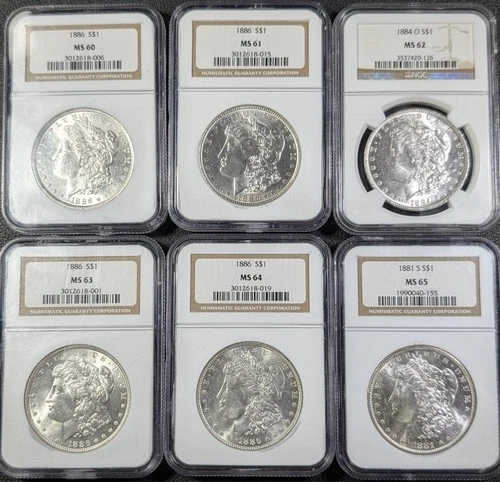 6x Morgans Silver Dollars NGC Graded MS60-65- Old Glory C&C Weekly 1c Auction!