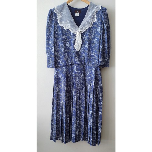 Vintage Liz Petites 80s Modest Dress Blue Lace Bib Collar Size 14