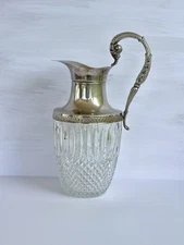 Vintage Heavy Glass Pitcher 12" Diamond Rib Pattern Ornate Silver Plate w Handle