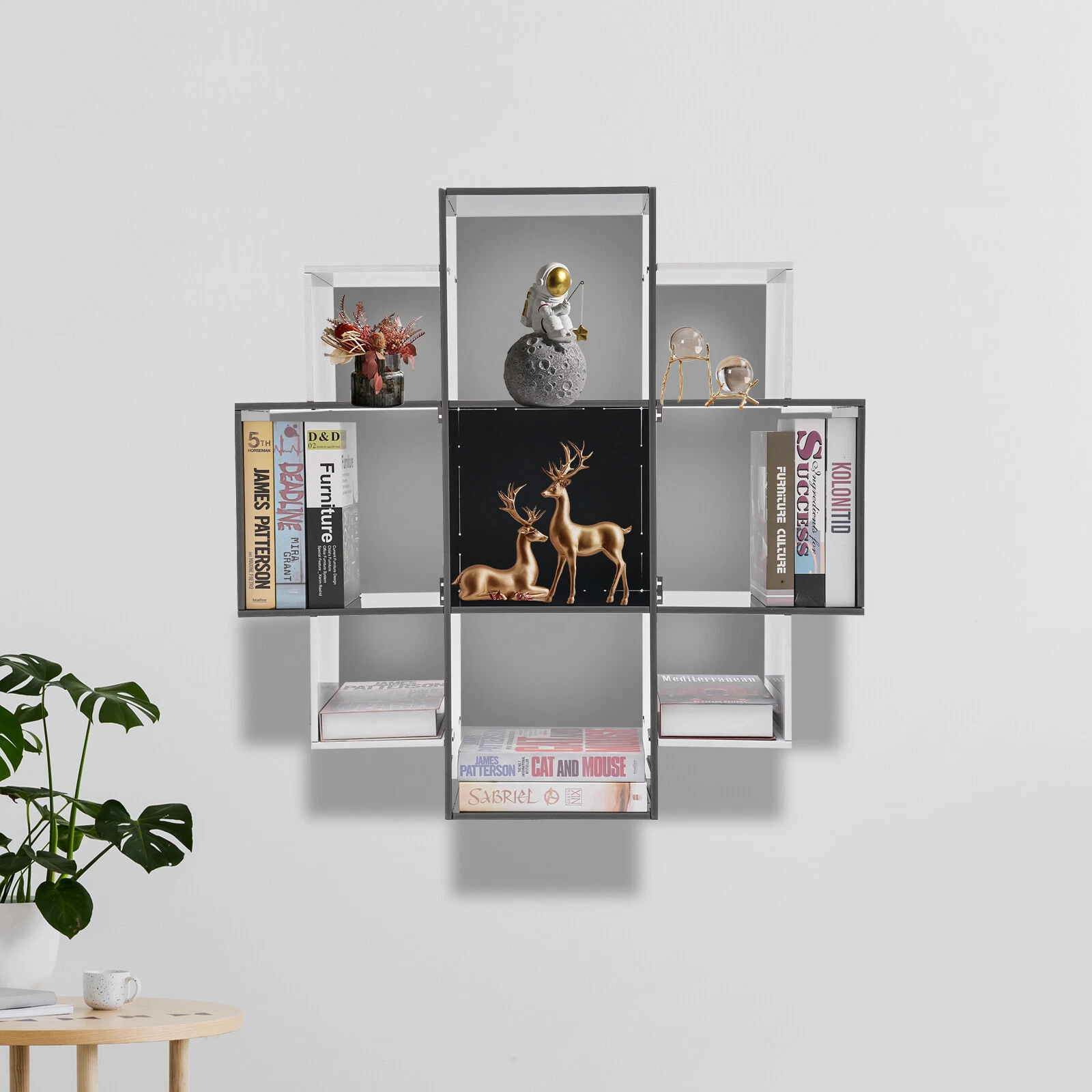 3 Tiers Wall Mounted Bookcase Book Shelf Modern Bookcase With 9 Compartments