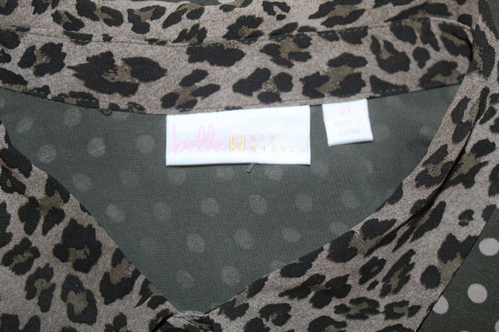 Belle Kim Gravel Sz 2X Elevated GREEN Beige Polka Dot Animal Print Blouse Shirt image 5