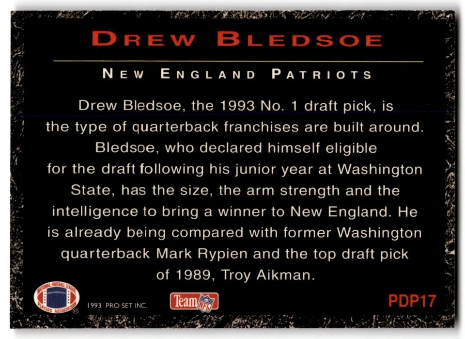1993 Pro Set Power Draft Picks Drew Bledsoe #PDP17 New England Patriots - Image 2 of 2