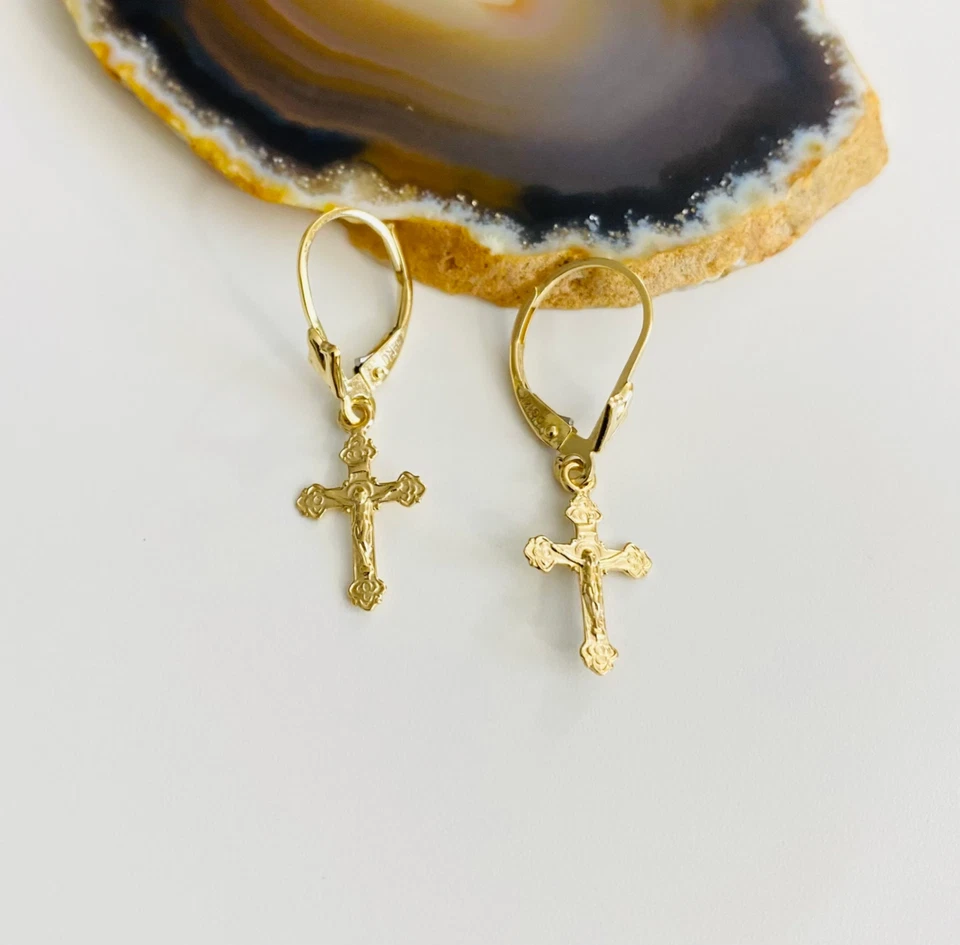 14K Solid Yellow Gold Crucifix Earrings 30mm x 9mm Jesus Cross Leverback-TF1777 - Image 2 of 4