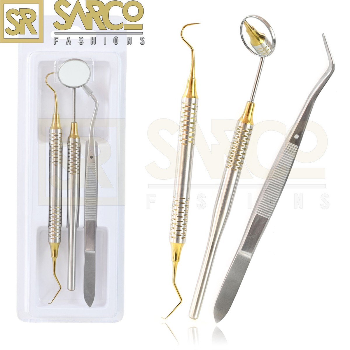 Basic Dental Set Gold Titanium Mirror Explorer College Cotton