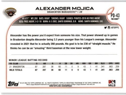ALEXANDER MOJICA 2022 Topps Pro Debut #PD-43 Bradenton Marauders - Picture 2 of 2