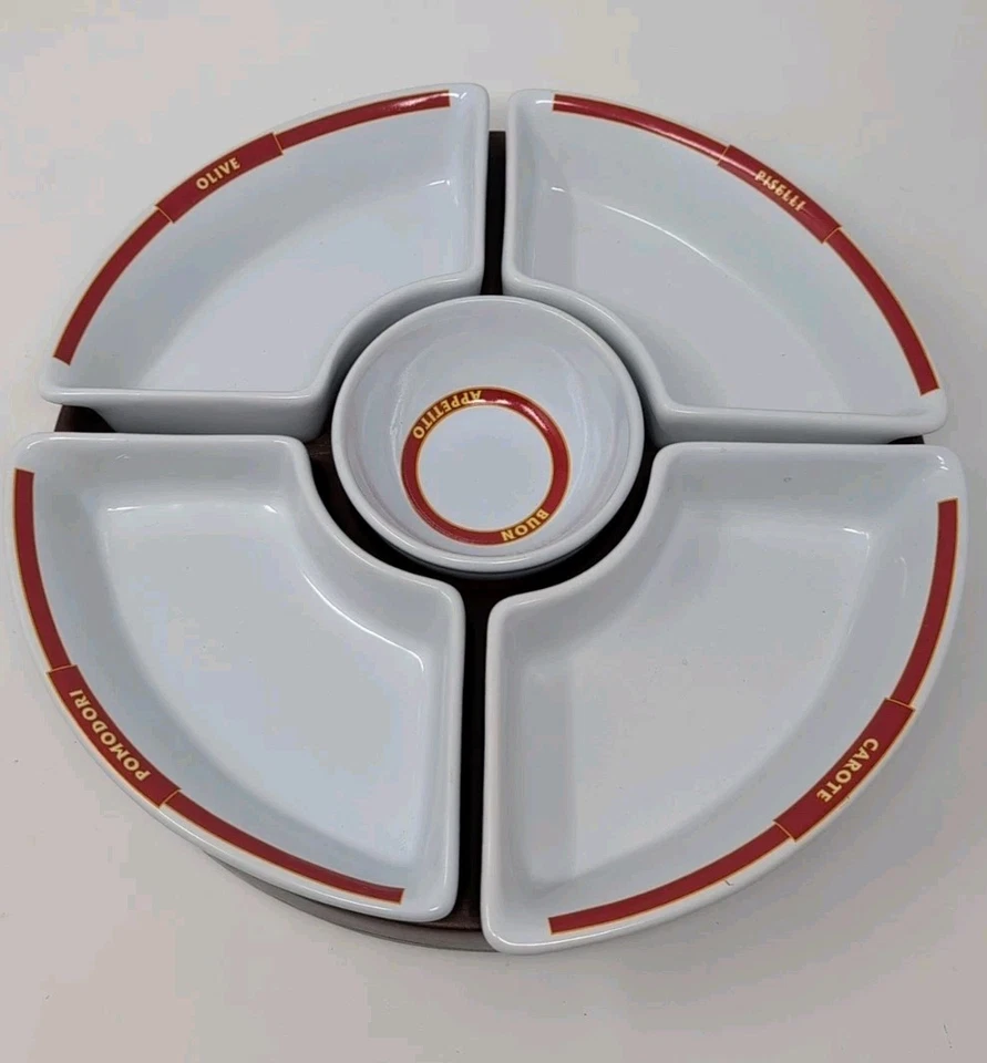 Pottery Barn Pasta Rustica Condiment Carousel Lazy Susan Wood Porcelain Tray - Image 2 of 4