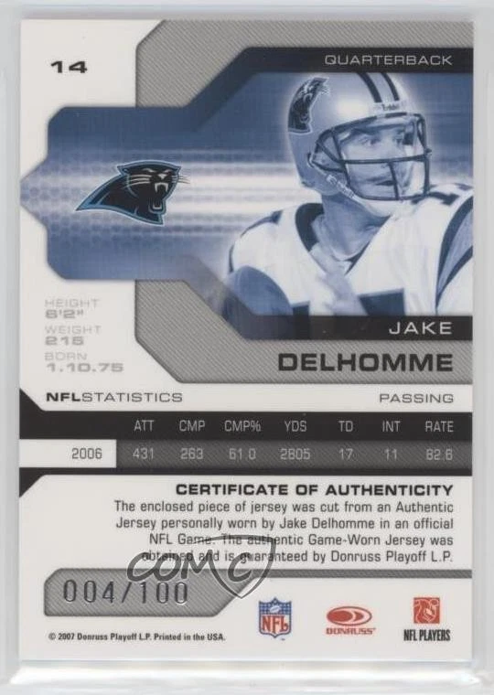 2007 Leaf Limited Threads /100 Jake Delhomme #14 - Image 2 of 2