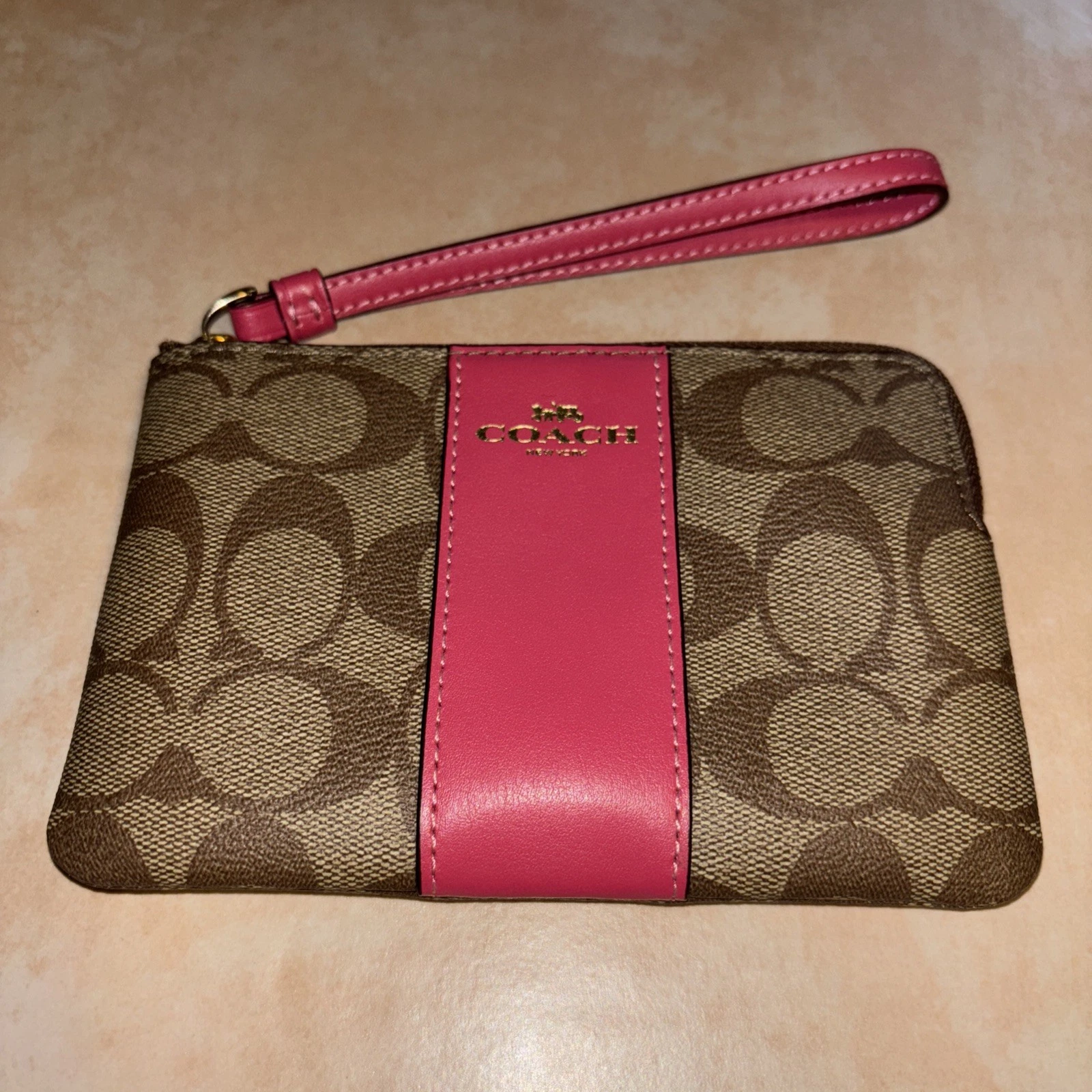 Portafoglio Coach Wristlet Firmato Angolo Zip Pelle Tela Oro Rosa