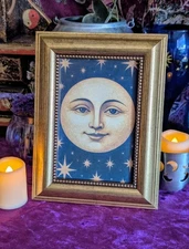 Full Moon Framed Print, Vintage 90s Celestial Inspired, Gold, Whimsigoth Decor