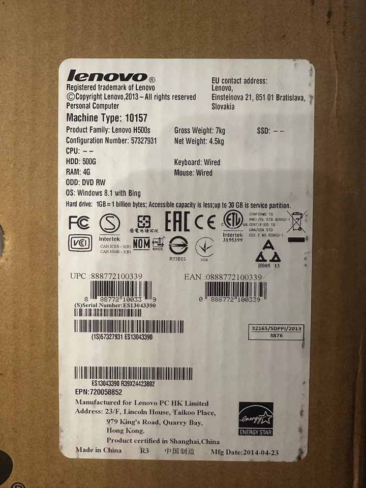 NEW open box.  Lenovo H500s Intel, 4GB RAM - 500G HDD - Windows 8.1 - Image 3 of 4