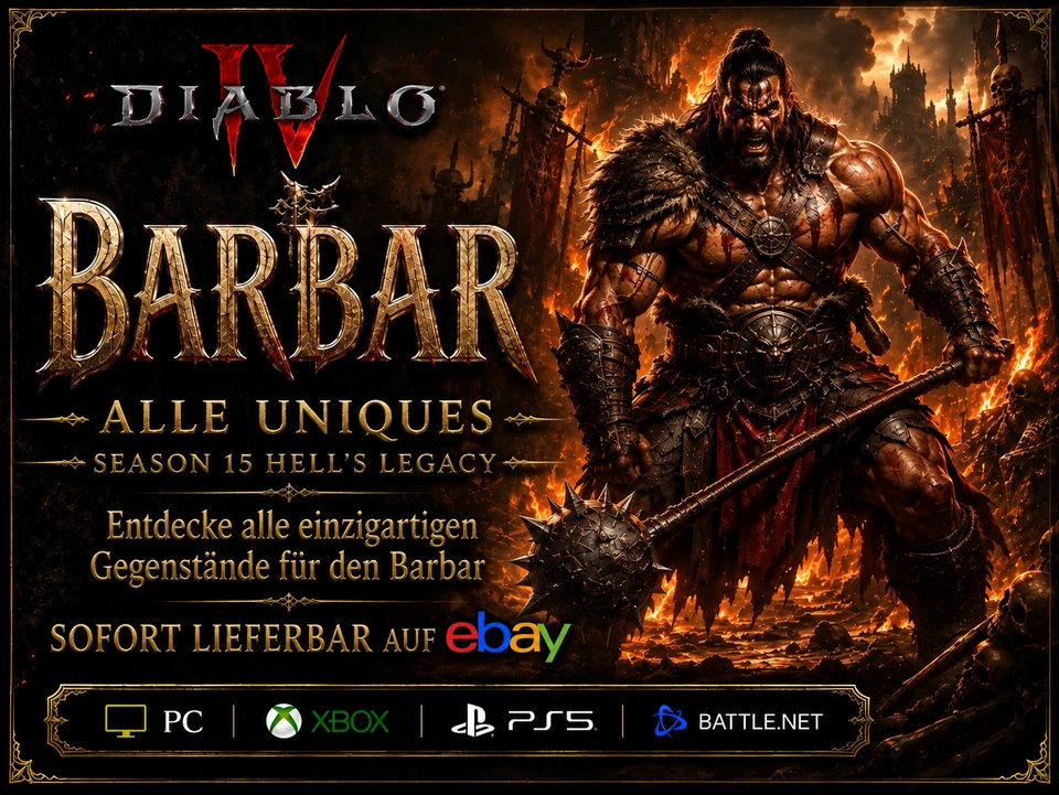 Diablo 4 Items SC 15 Barbar Alle Uniques Season 15 Hell’s Legacy Xbox/PC/PS5 SC - Bild 1 von 1