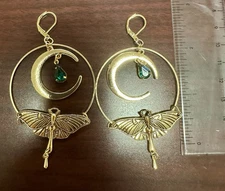Gold Tone Butterfly & Moon Earrings With Green Stone Fashionable Modern