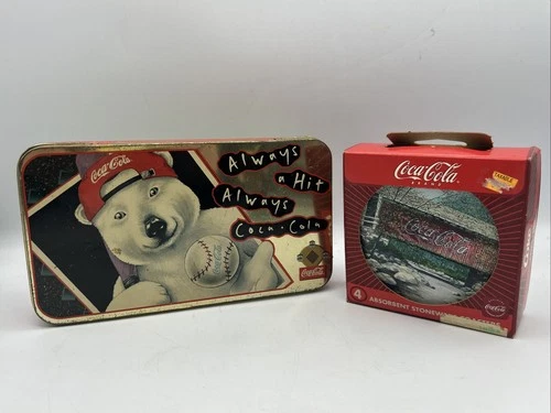 MTB-Vintage Coca-Cola Polar Bear Tin & Stoneware Coasters Set Advertising