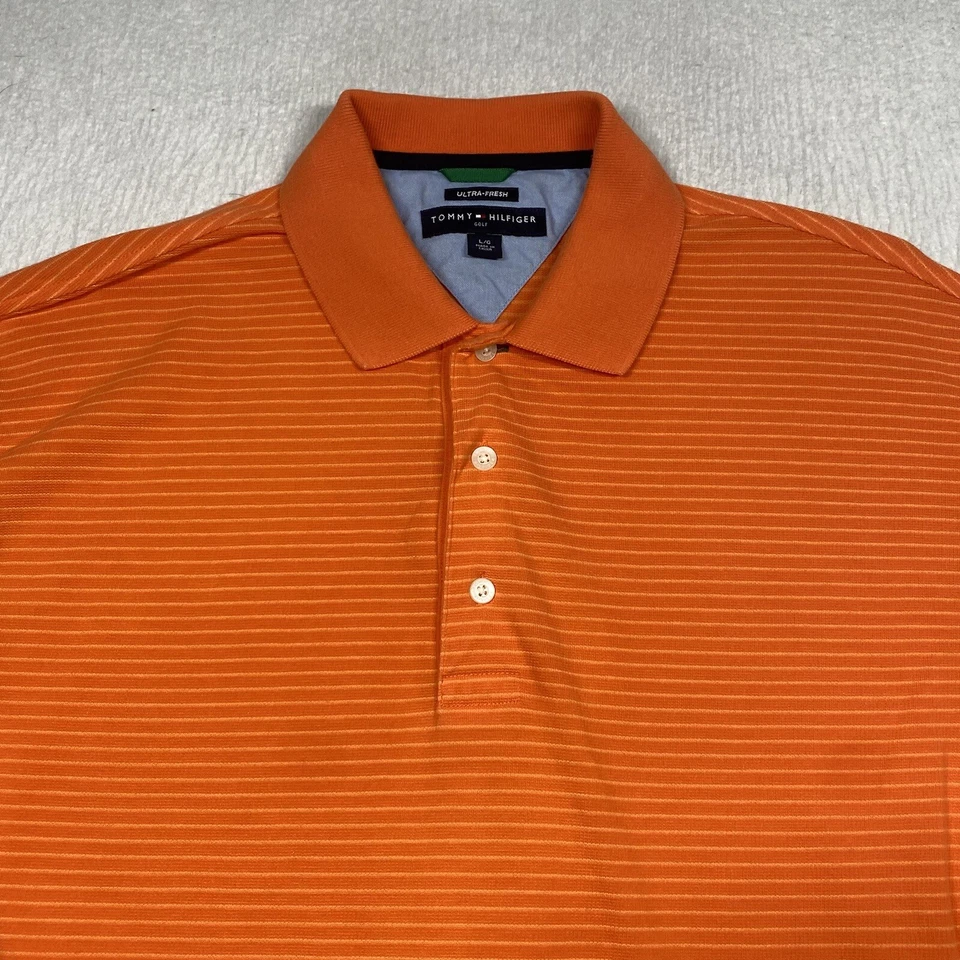 Camisa polo de golf Tommy Hilfiger para hombre grande naranja a rayas manga corta informal Foto 2 de 4