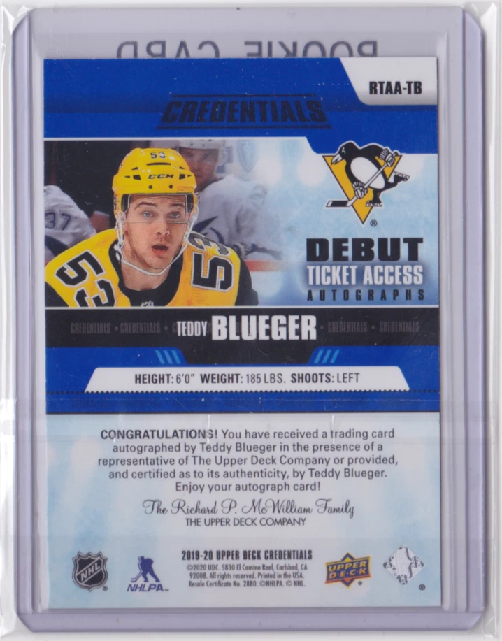 2019-20 UD CREDENTIALS ROOKIE AUTOGRAPHS 180/299 TEDDY BLUEGER #RTAA-TB PENGUINS - Image 2 of 2