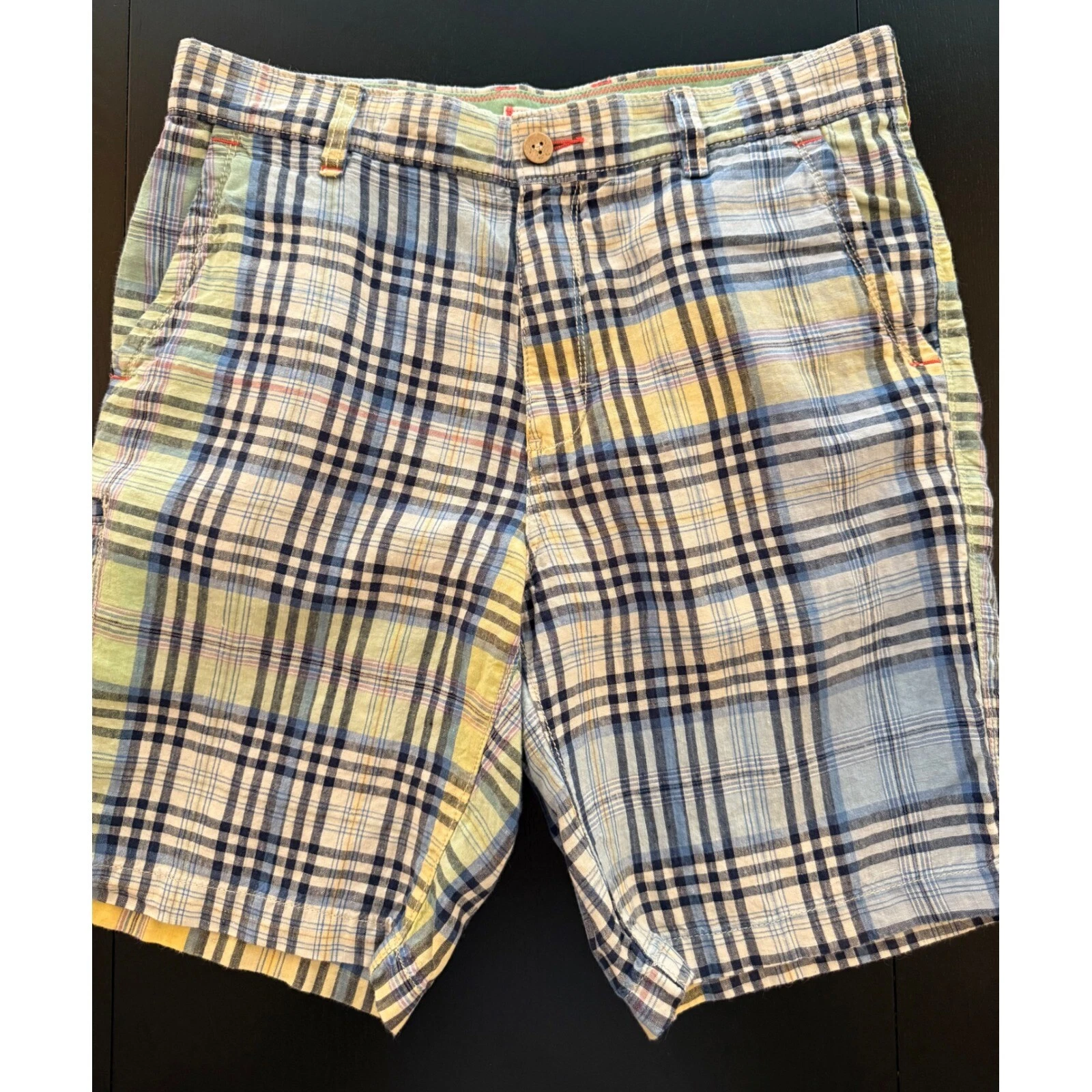 Tommy Bahama 9" Relax 100% Linen Shorts Mens 33 Blue/Yellow Madras Plaid Preppy