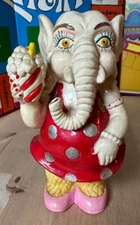 Vtg 1983 Lucky White Elephant Coin Bank, Polka Dot Dress Small World Import 6.5"