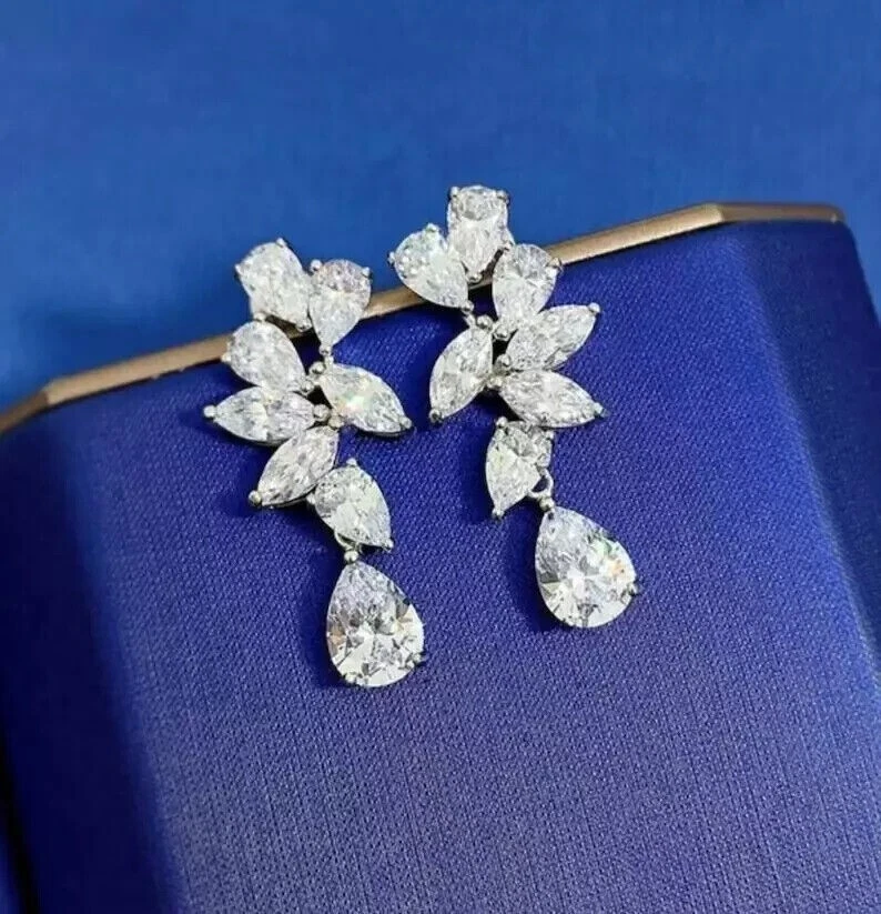 Pear Cut Simulated Diamond 925 Silver Drop/Dangle Earrings 14k White Gold Plated - Image 4 of 4