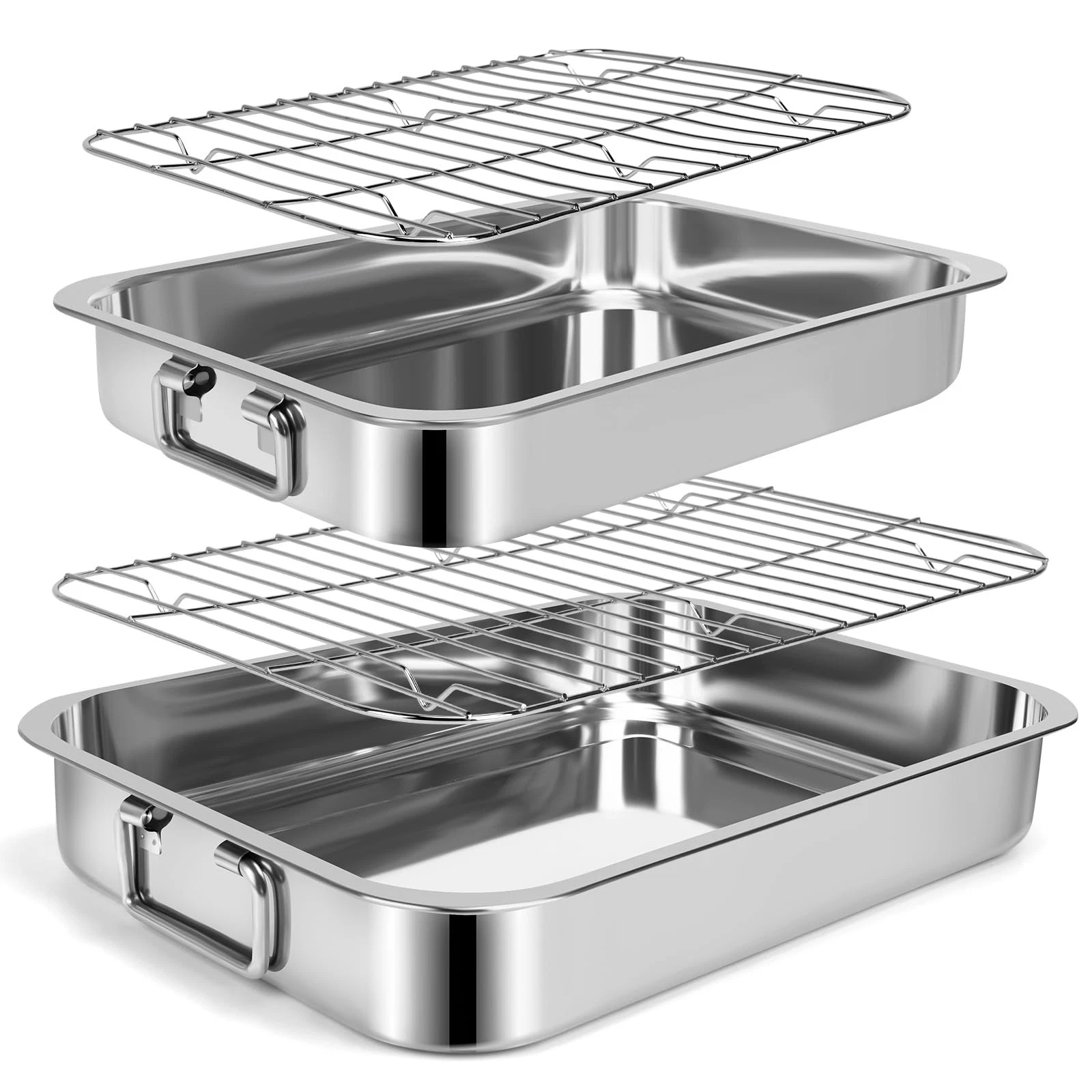 2 Pcs 12.7"15.5" Stainless Steel Roasting Pans with Handles, Baking Pan for O...