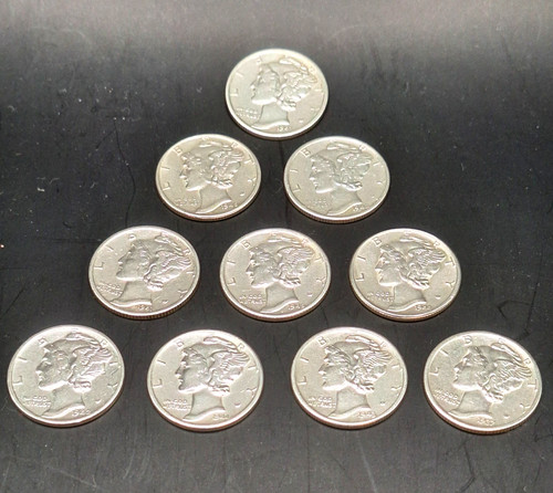 Set of 10 - Mercury Dimes AU Almost Uncirculated 90% Silver 10C PDS Free Ship!!