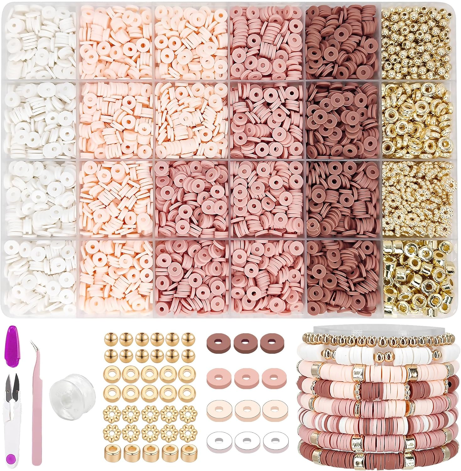 Neutral Clay Bead Bracelet Kit with Heishi Flat Beads and Gold Spacers