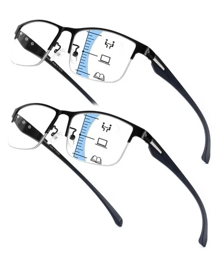 Progressive Multifocus Reading Glasses 2 Pack Metal Half Frame Blue Light