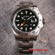 43mm bliger black dial sapphire glass GMT date automatic mens watch silver bezel