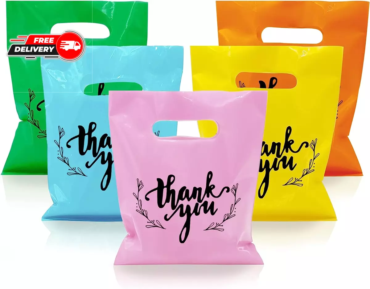 100 PCS Small Thank You Merchandise Bags Plastic Goodie Bags Party