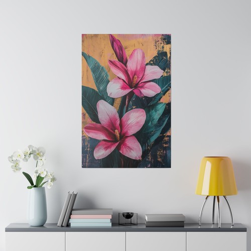 Arte de pared en lienzo rosa con flores tropicales - Decoración floral vibrante, marco ecológico - Imagen 5 de 40